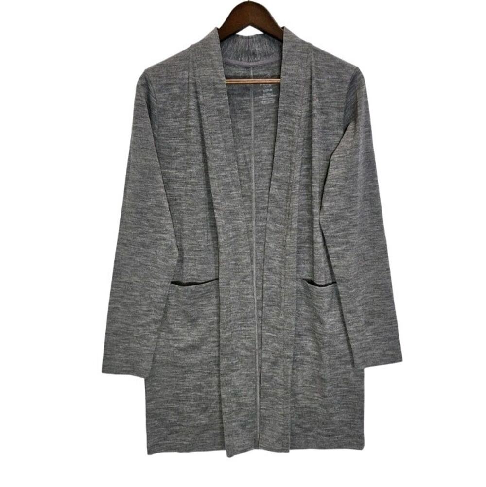 Woolx Paisley Cardigan Sweater Womens Medium Gray Merino Wool Open Front Pockets